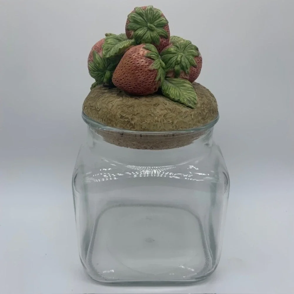 Strawberry Glass Canister Cottagecore Kitchen Storage Jar Ceramic Fruit Lid Cork